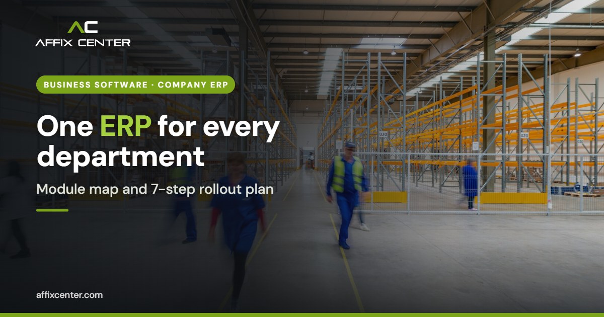Workers walking through a warehouse aisle, illustrating company ERP software connecting departments