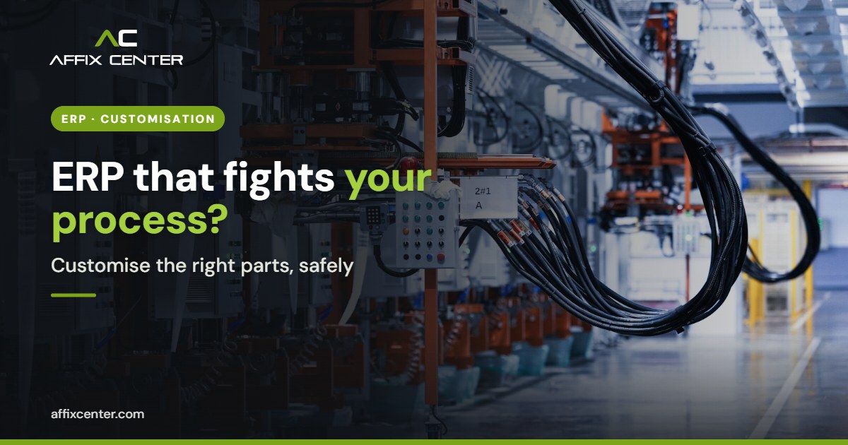 Line of industrial electrical equipment in a factory, representing customized ERP software for operations