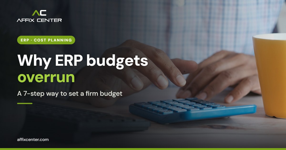 Person using a calculator at a desk, illustrating planning an ERP software cost budget