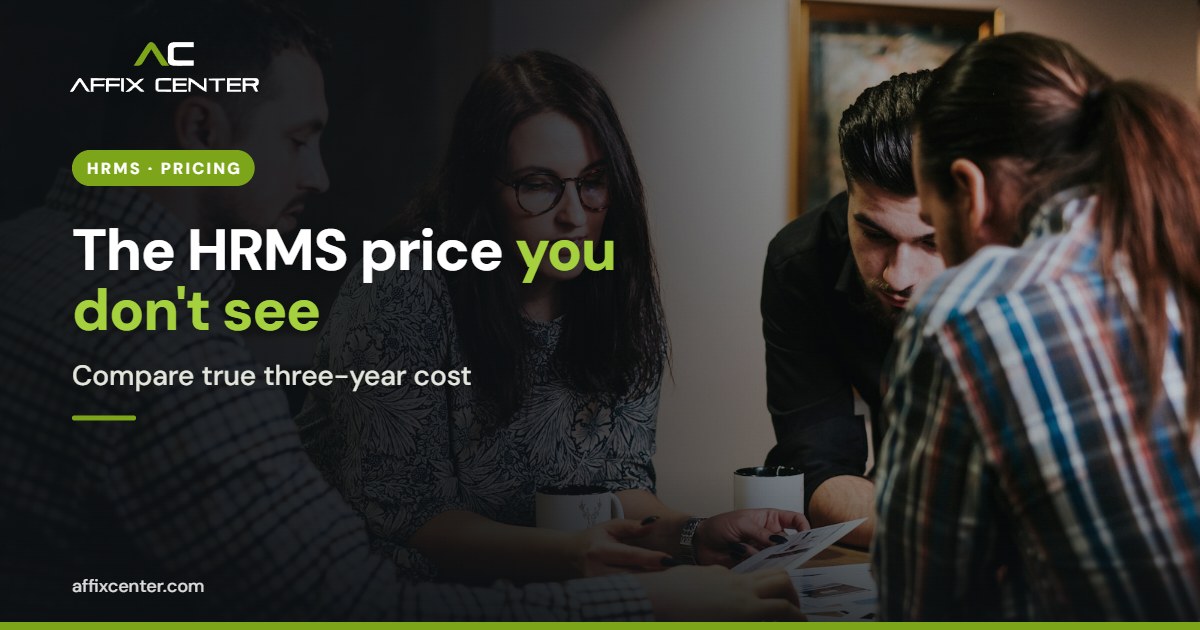 Team reviewing documents at a table, illustrating comparing HRMS software price quotes
