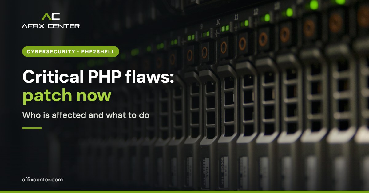 Server rack with green status lights in a data centre, illustrating patching web servers for the PHP2Shell flaws